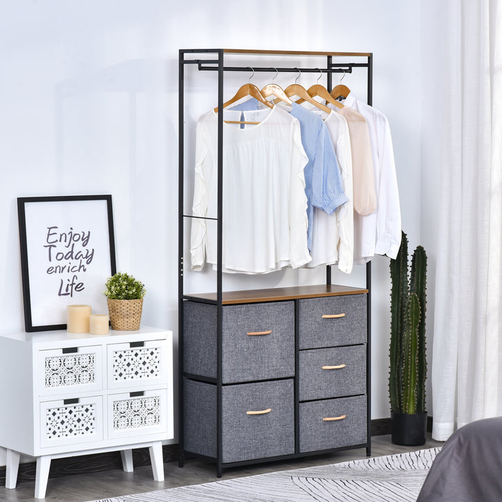 HOMCOM Wardrobe Dresser: Steel-Framed Storage with 5 Drawers, Coat Rack for Bedroom & Hallway, Black/Brown | Aosom UK