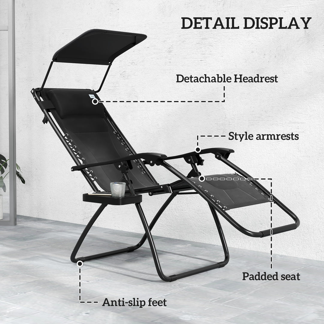 Zero Gravity Lounger Chair Set of 2, Folding Reclining Patio Chair with Shade Cover, Padded Seat, Cup Holder, Soft Cushion and Headrest for Poolside, Camping, Black
