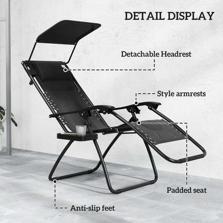 Zero Gravity Lounger Chair Set of 2, Folding Reclining Patio Chair with Shade Cover, Padded Seat, Cup Holder, Soft Cushion and Headrest for Poolside, Camping, Black