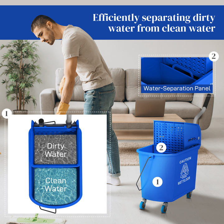 HOMCOM 20L Mop Bucket with Wringer and Handle, Mop Bucket on Wheels for Floor Cleaning, Separate Dirty and Clean Water, Blue | Aosom UK