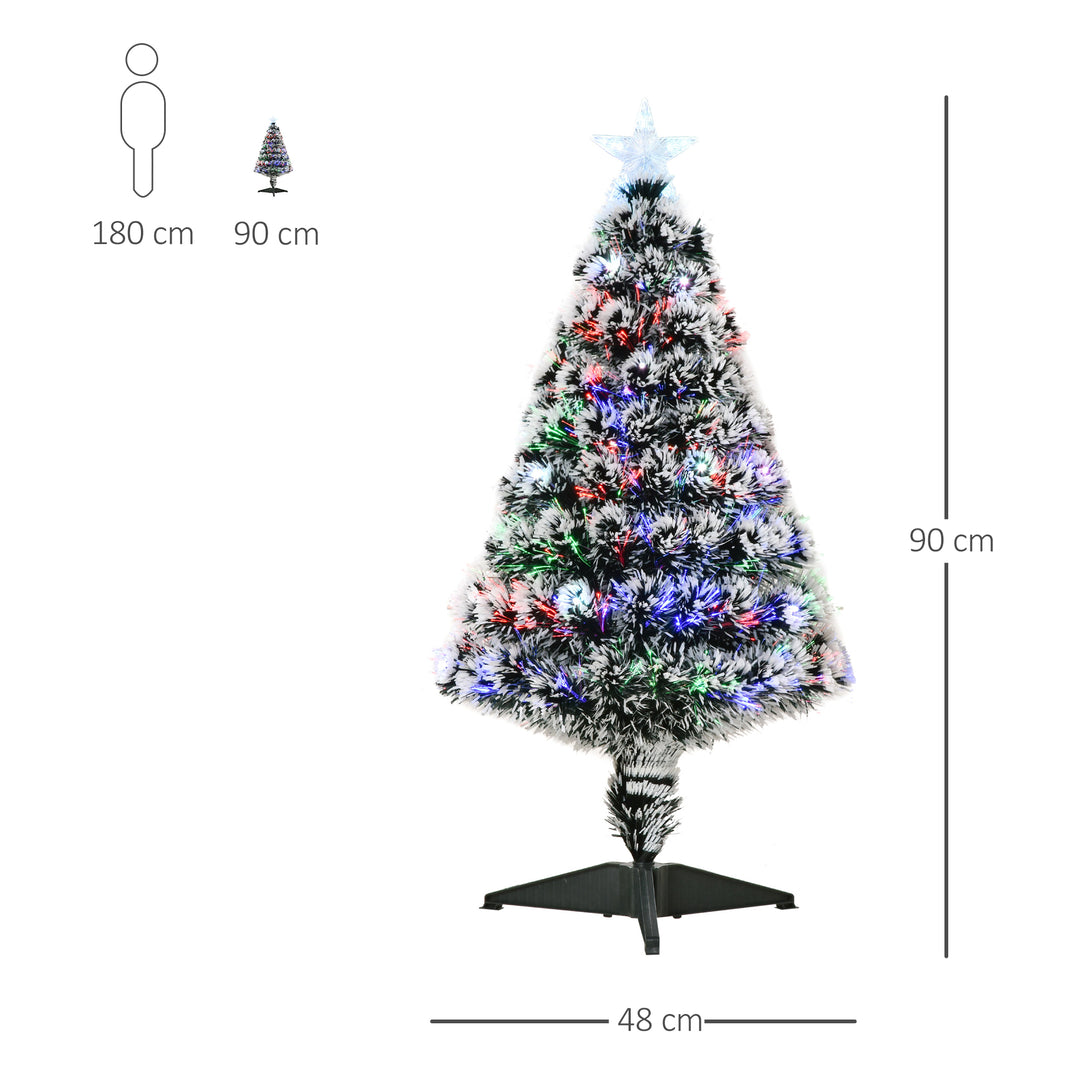 MCL 3ft Artificial Prelit Christmas Tree, Snow Xmas Tree with Colourful LED Lighting Fiber Optics, Green White