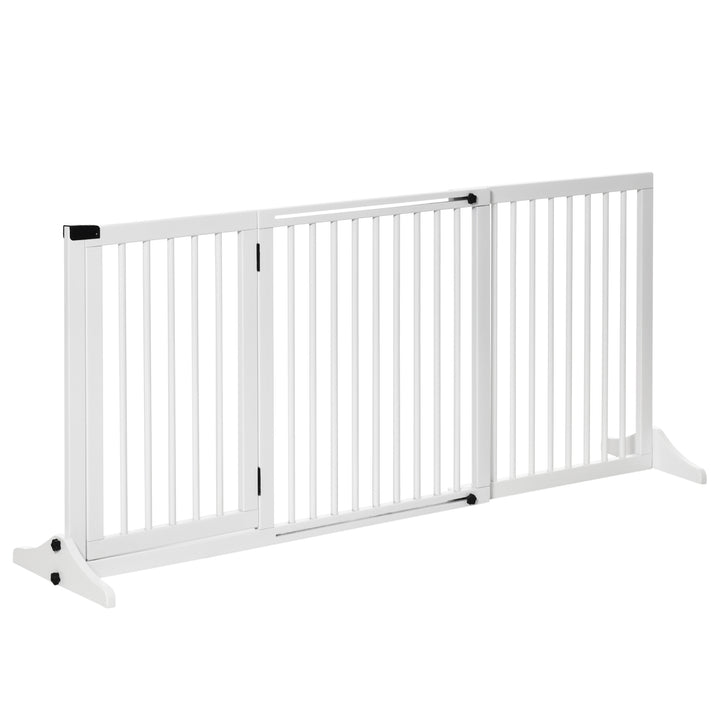MCL Wooden Dog Gate, Dog Fence Indoor, Freestanding Dog Barrier, Adjustable Lockable Fence with 3 Panels, 71H x 113-166W cm, White