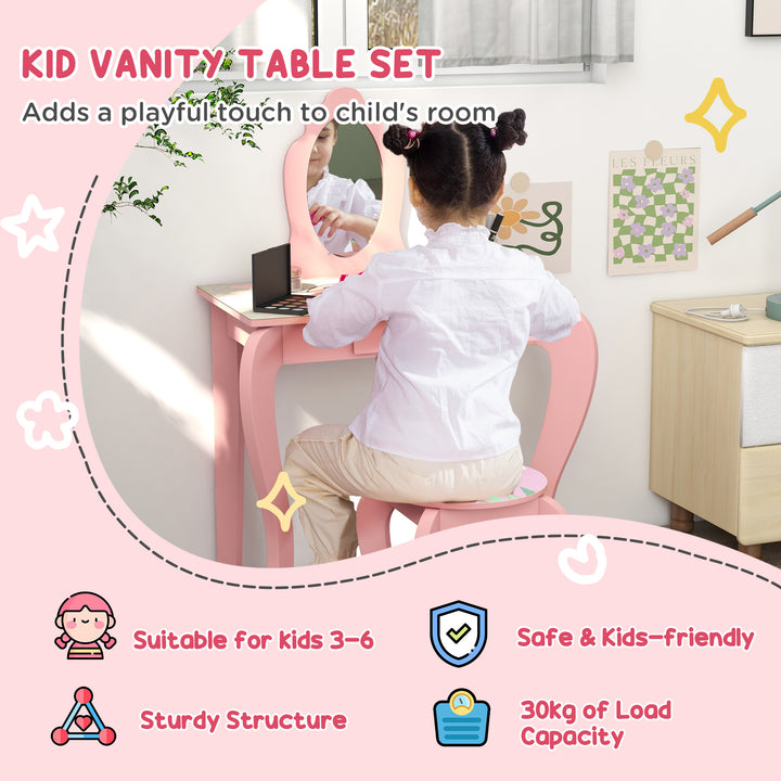 ZONEKIZ Kids Dressing Table with Mirror and Stool, Girls Vanity Table Makeup Desk with Drawer, Cute Animal Design, for 3-6 Years - Pink