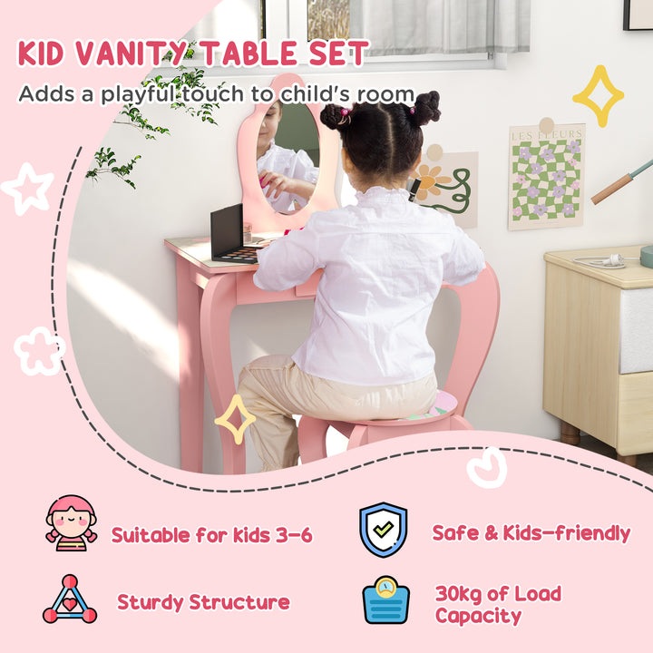 ZONEKIZ Kids Dressing Table with Mirror and Stool, Girls Vanity Table Makeup Desk with Drawer, Cute Animal Design, for 3