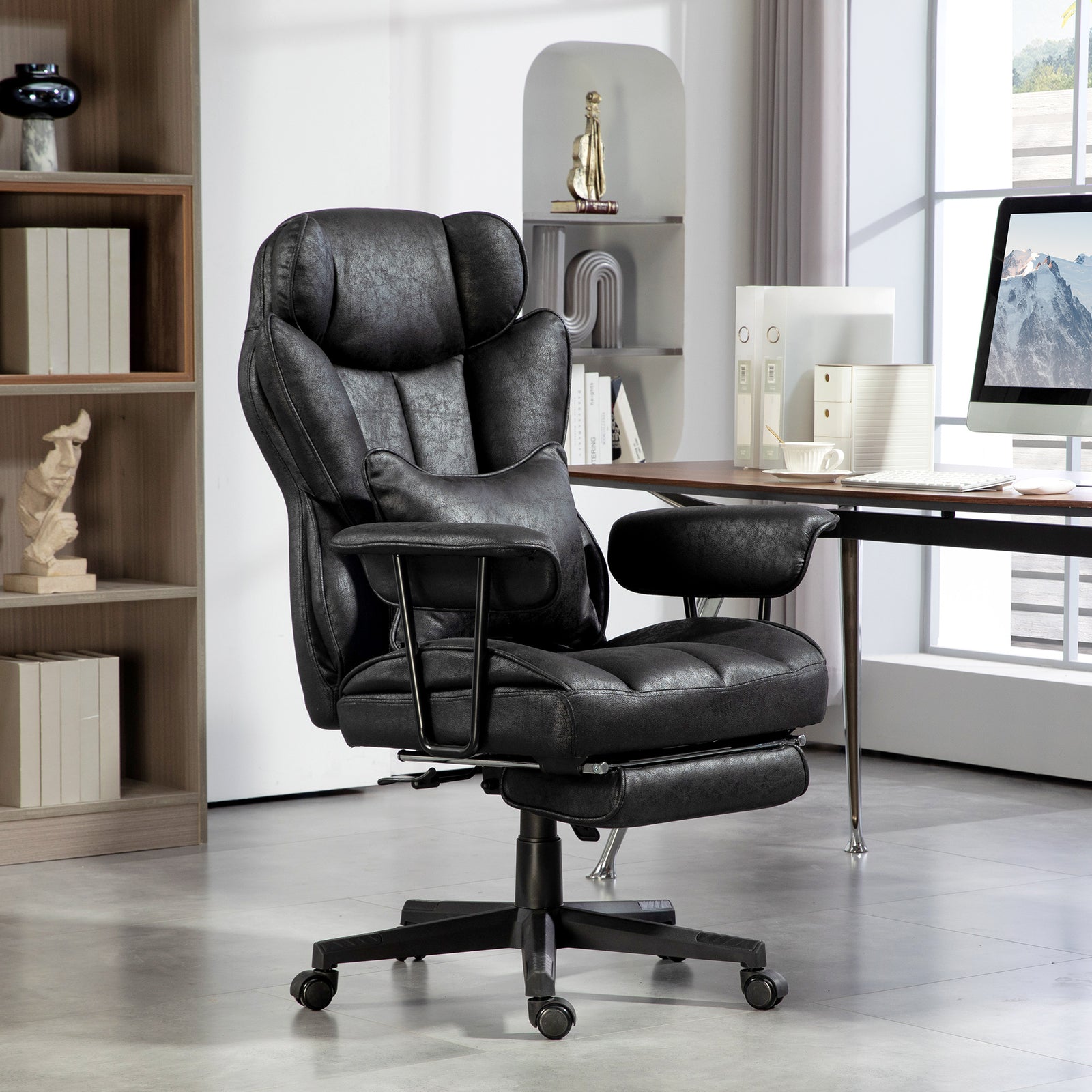 Executive Office Chair, Ergonomic Desk Chair with Foot Rest, Lumbar Support, Reclining Function and Wide Seat, Black