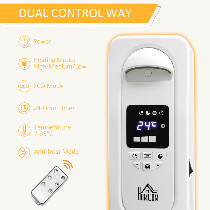 MCL 1500W Digital Oil Filled Radiator, 7 Fin, Portable Electric Heater with LED Display, Built-in Timer, 3 Heat Settings, Safety Cut-Off and Remote Control, White