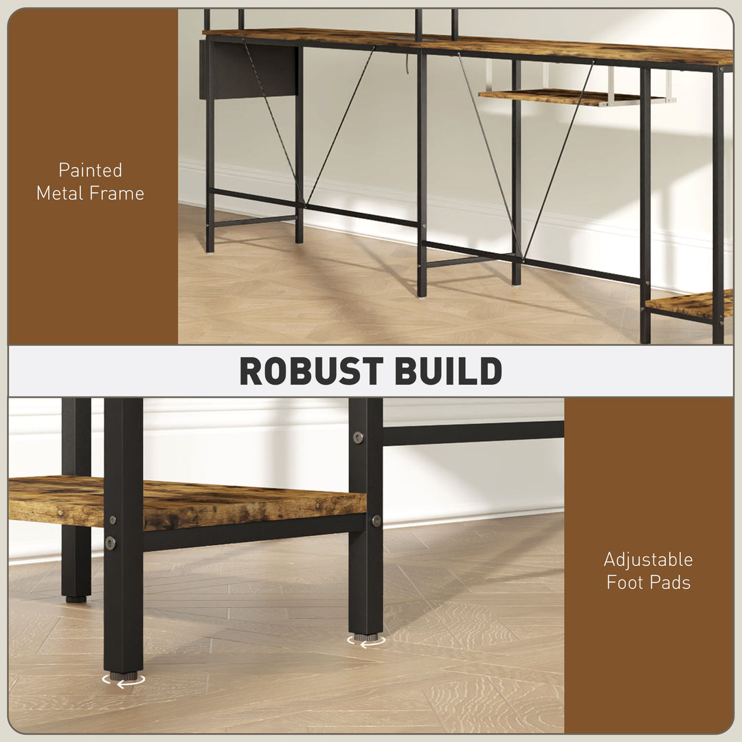 160cm Reversible L Shaped Desk with Power Outlet, Industrial Corner Desk with Storage Shelves and Keyboard Tray, 240cm Long Computer Desk for 2 Person, Rustic Brown
