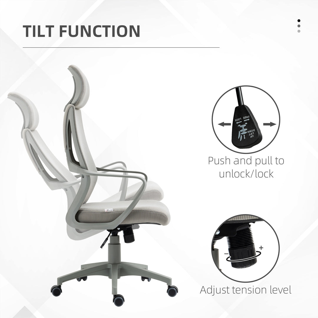 Ergonomic Office Chair, High Back Computer Chair, Mesh Desk Chair with Lumbar Support, Headrest, Wheel, Adjustable Height, Grey