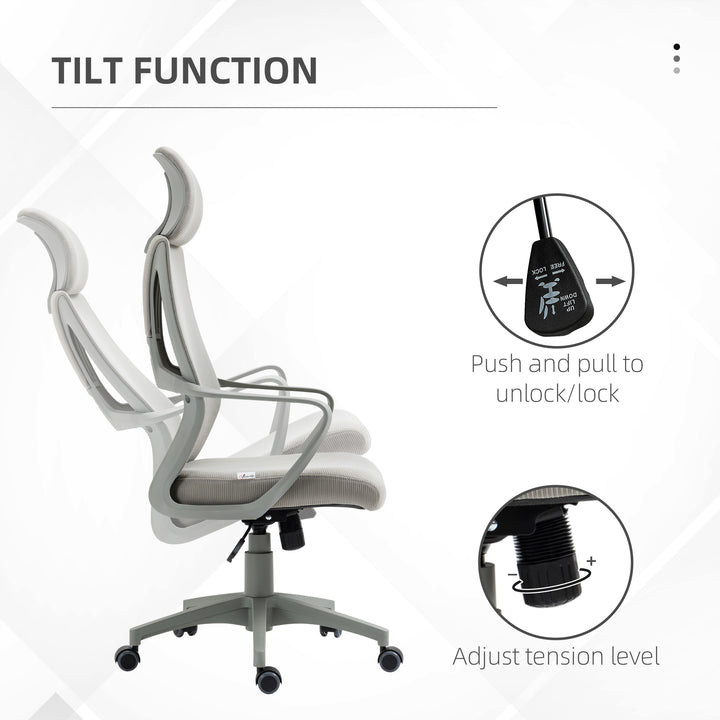 Ergonomic Office Chair, High Back Computer Chair, Mesh Desk Chair with Lumbar Support, Headrest, Wheel, Adjustable Height, Grey