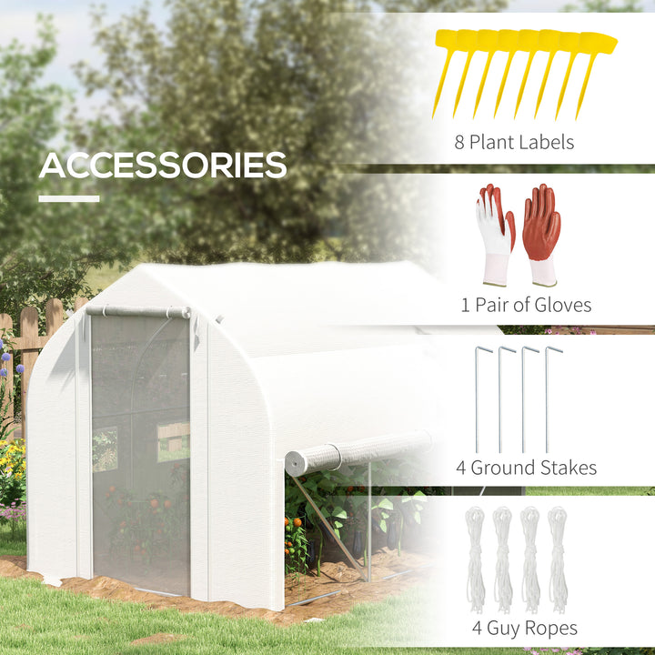 3 x 2(m) Walk-in Polytunnel Greenhouse, Zipped Roll Up Sidewalls, Mesh Door, 6 Mesh Windows, Tunnel Warm House Tent with PE Cover, Complimentary Plant Labels and Gloves, White