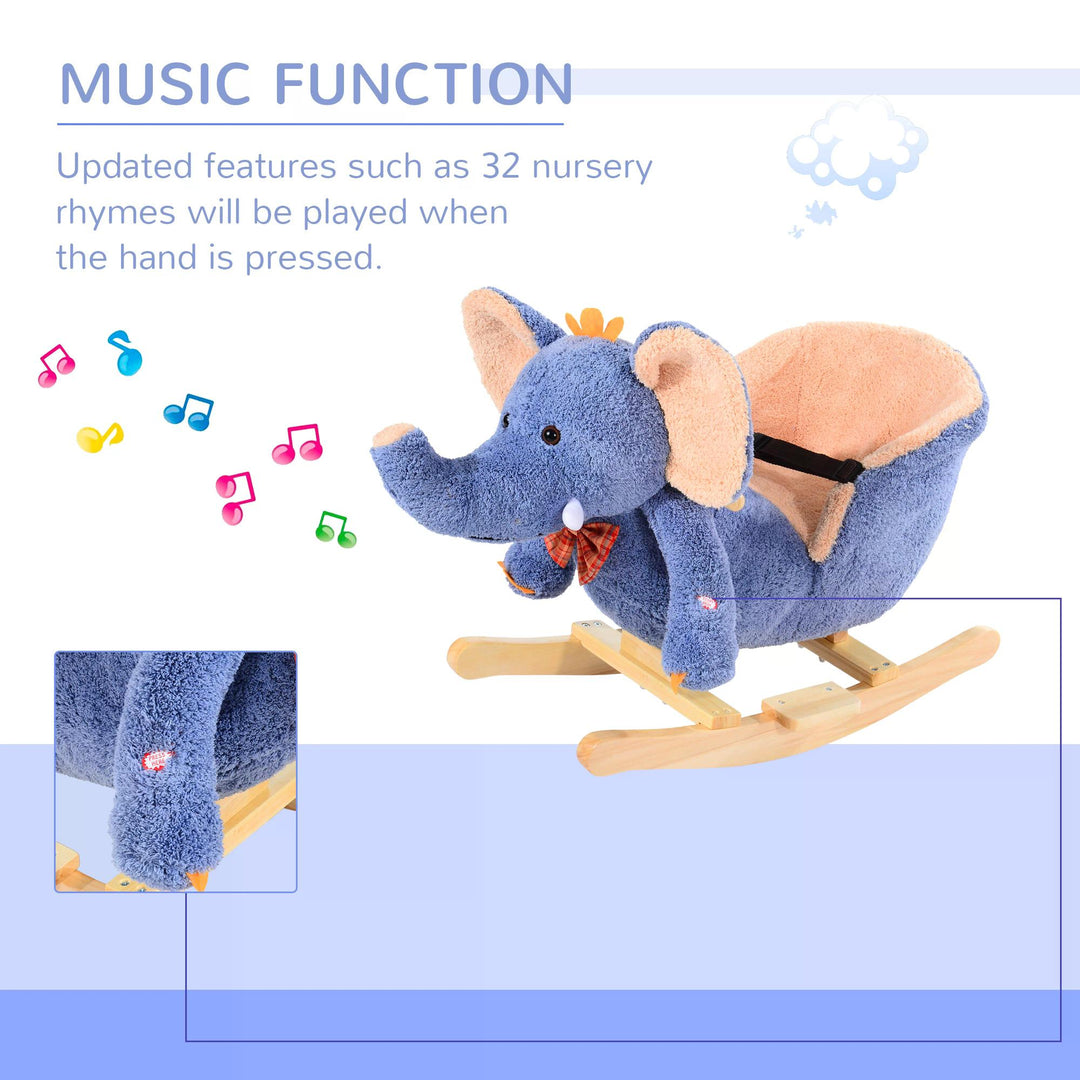 HOMCOM Children Kids Rocking Horse Toys Plush Elephant Rocker Seat with Sound Toddler Baby Gift Blue | Aosom UK