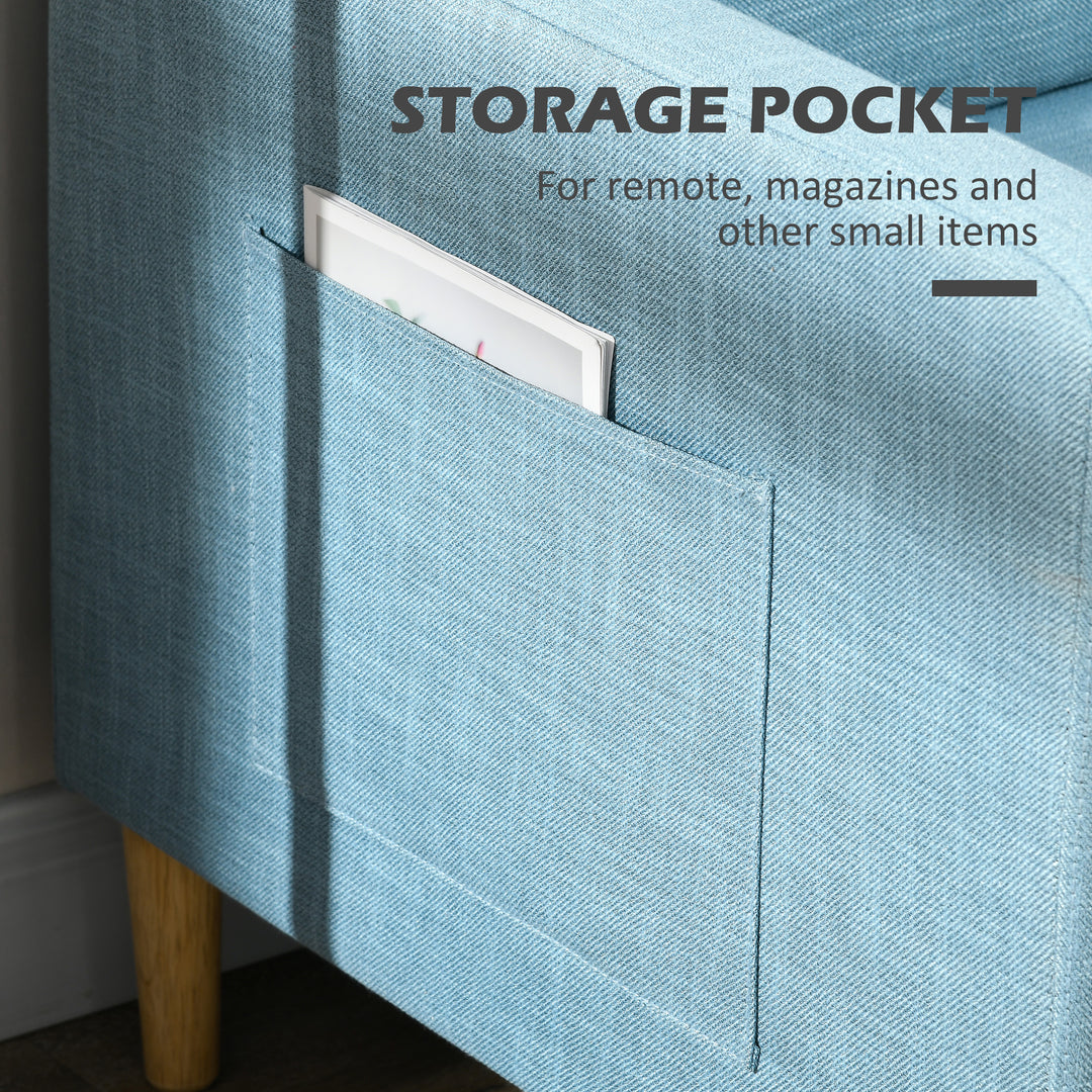 Two Seater Sofa for Living Room, Modern Fabric Couch with Wood Legs and 2 Pockets for Bedroom and Home Office, Blue