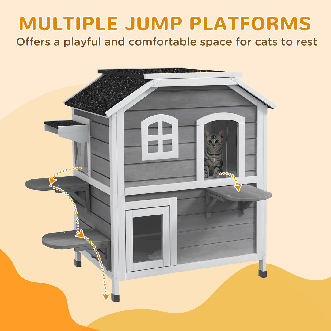 2-story Cat House Outdoor, Weatherproof Wooden Cat Enclosure for Feral Cats with Escape Door, Openable Roof, Jumping Platforms, Grey