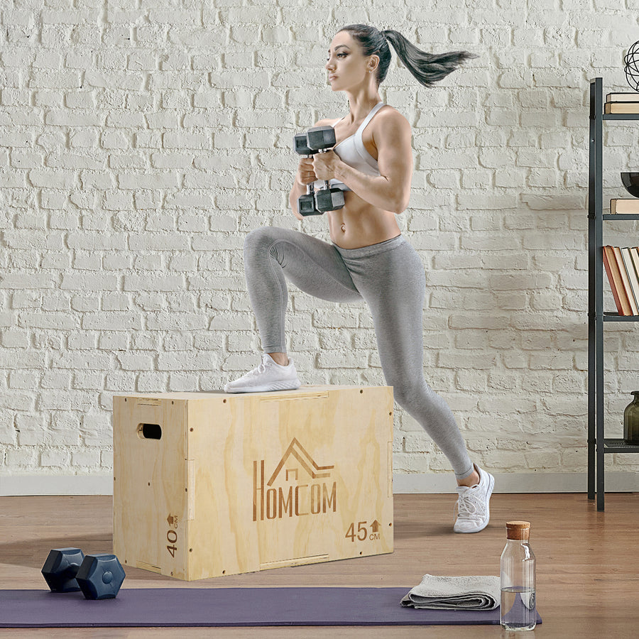 3-in-1 Wooden Plyo Box, Plyometric Jump Box with Handle Openings for Home Gym, Workout Training, Natural