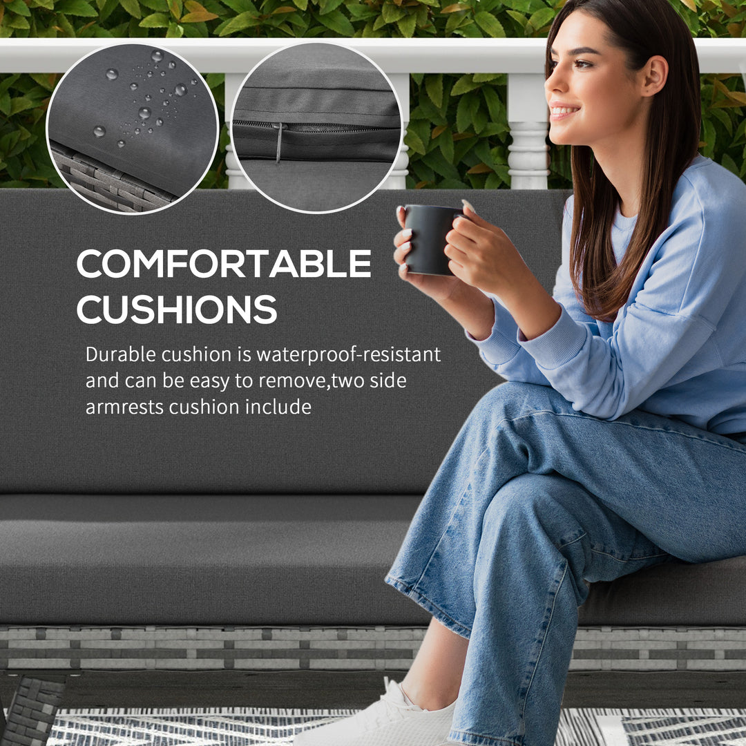 2 Seater Rattan Sofa with Cushions, 2-in-1 PE Rattan Daybed Sofa with Left Up or Down Armrests, Garden Chaise Lounger Loveseat for Outdoor, Patio, Mixed Grey