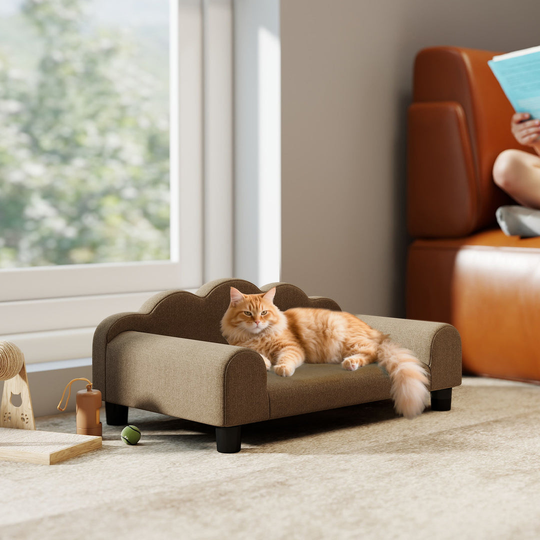 Elevated Dog Sofa Bed, Breathable Pet Sofa with Backrest and Armrest for Small Dogs, Brown