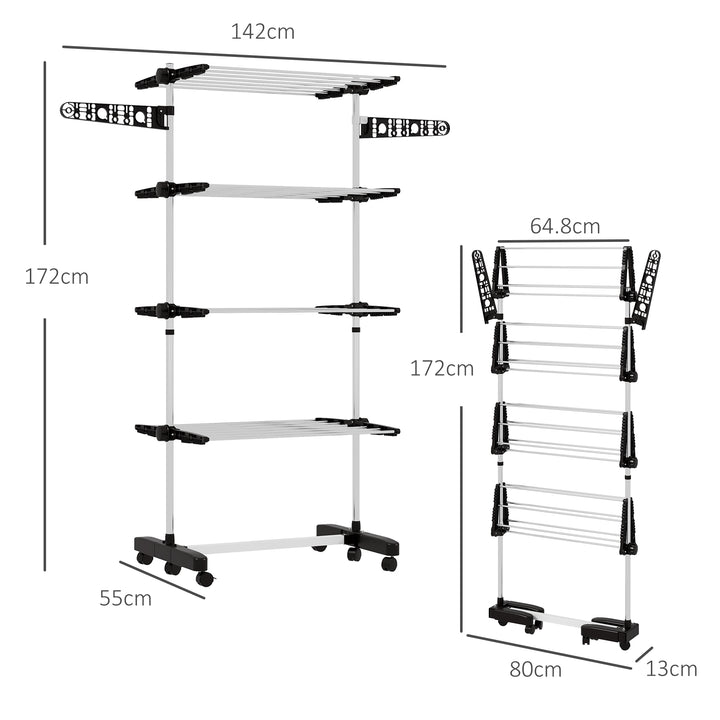 Four-Shelf Collapsing Clothes Horse, With Side Arms and Wheels - Black