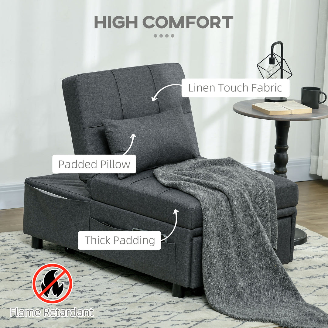 Convertible Chair Bed with Padding Seat, 4-in-1 Multi-Functional Sleeper Sofa Bed, Recliner with Adjustable Backrest, Side Pocket, Wheels and Pillow, for Living Room, Grey