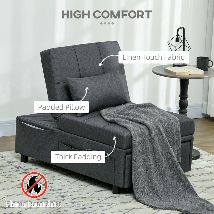 Convertible Chair Bed with Padding Seat, 4-in-1 Multi-Functional Sleeper Sofa Bed, Recliner with Adjustable Backrest, Side Pocket, Wheels and Pillow, for Living Room, Grey