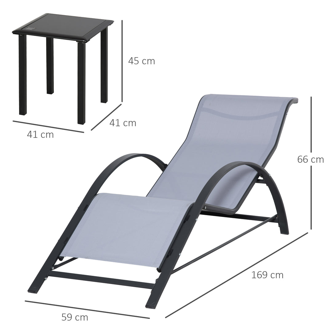 MCL 3 Pieces Lounge Chair Set Metal Frame Garden Outdoor Recliner Sunbathing Chair with Table, Light Grey