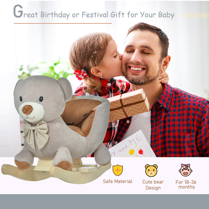 Kids Children Rocking Horse Plush Ride On Bear Seat w/ Sound Wood Base Seat Safety Belt Toddler Baby Toy for 18-36 Months Grey
