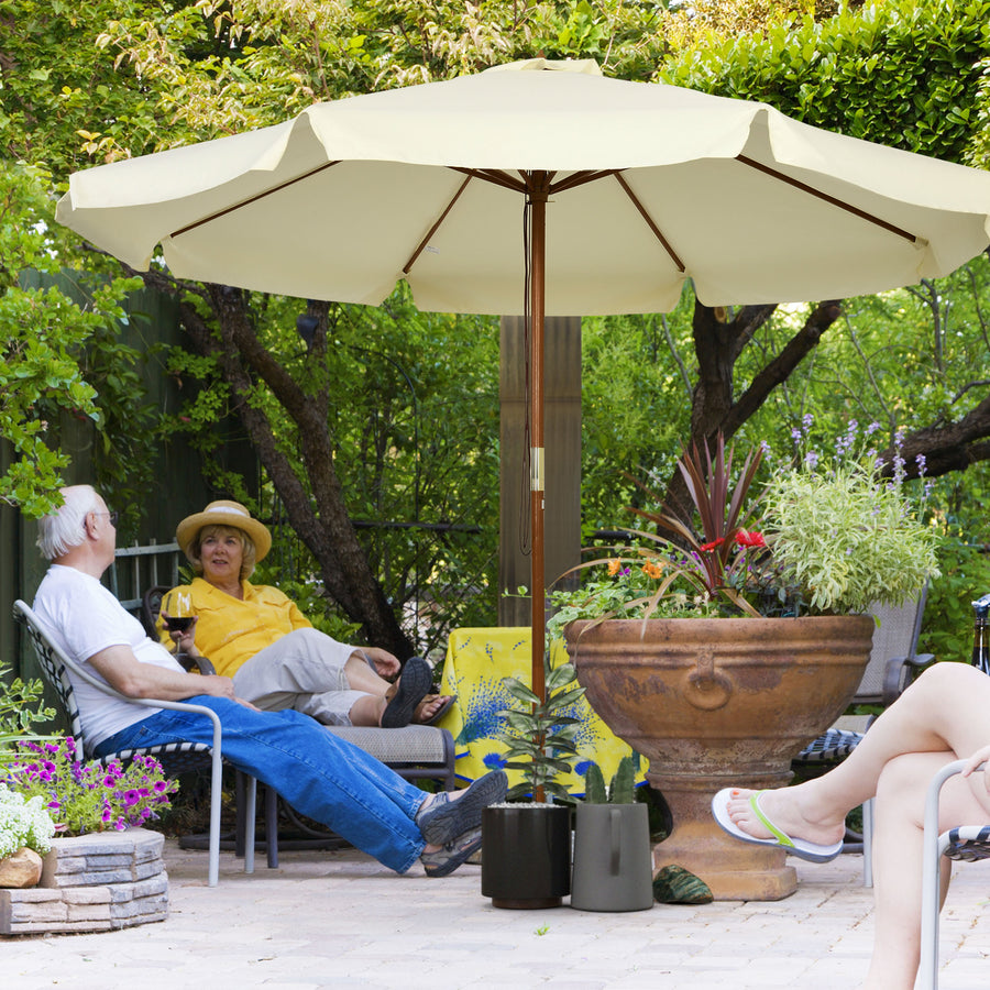 3.3(m) Patio Umbrella, Garden Parasol, Outdoor Sun Shade Canopy with 8 Bamboo Ribs, Ruffles and Wood Pole, Beige