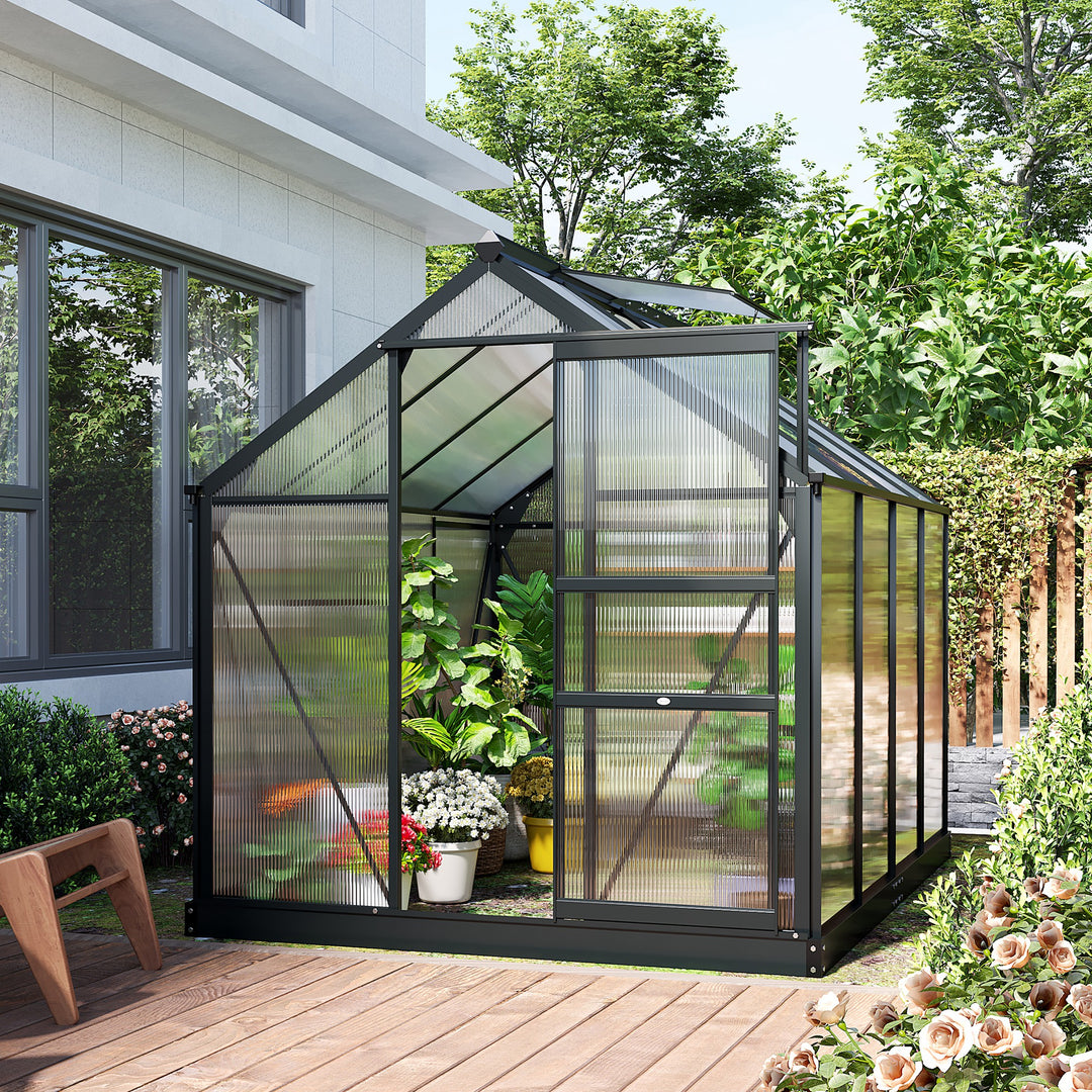 MCL 6 x 8ft Polycarbonate Greenhouse, Large Walk-In Green House with Slide Door and Window, Garden Plants Grow House with Aluminium Frame and Foundation, Grey
