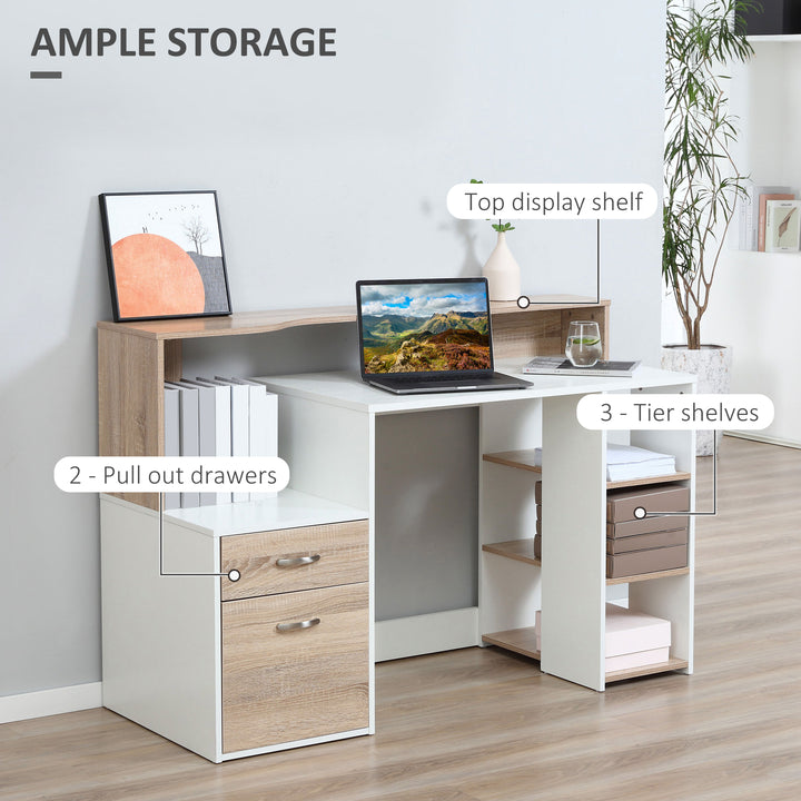 Computer Desk with Drawers and Storage Shelves, Office Desk Writing Table with Printer Stand, Large Workstation for Study Play Work Home Office, 137 x 55 x 92cm, Oak