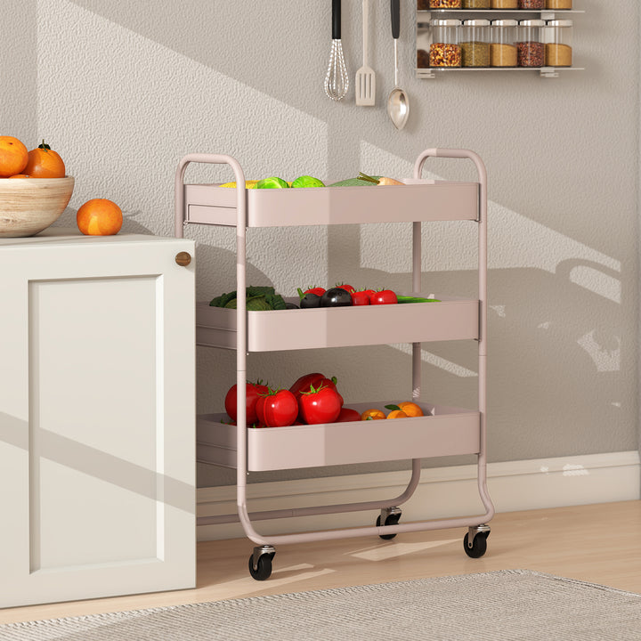 3-Tier Storage Trolley on Wheels, Rolling Utility Cart with Mesh Backets for Kitchen, Bathroom, Bedroom