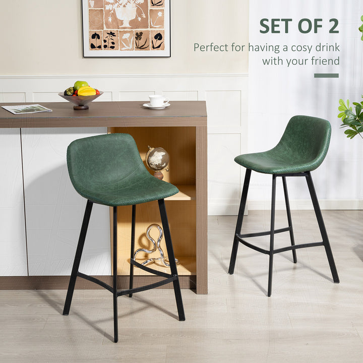 MCL Bar Stools Set of 2, PU Leather Dining Stools with Backrest, Footrest, for Kitchen, Counter, Breakfast Bar, Green