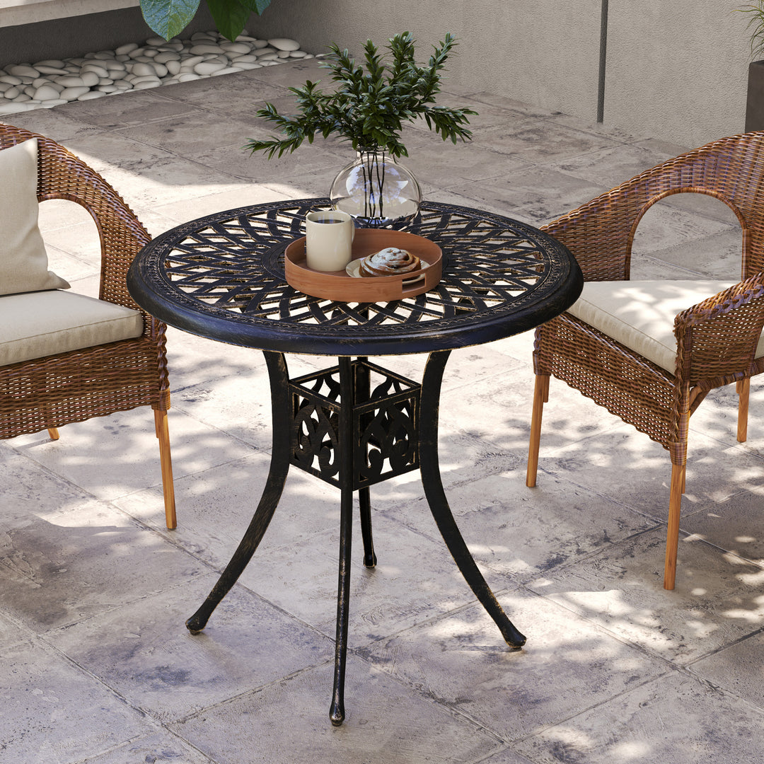 78 cm Round Garden Dining Table with Parasol Hole Antique Cast Aluminium Outdoor Table Only, Bronze Tone