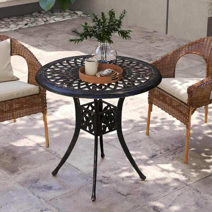 78 cm Round Garden Dining Table with Parasol Hole Antique Cast Aluminium Outdoor Table Only, Bronze Tone