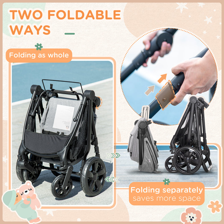 Foldable Baby Stoller, with Reclining Backrest, Adjustable Canopy, for Ages 0-36 Months - Grey
