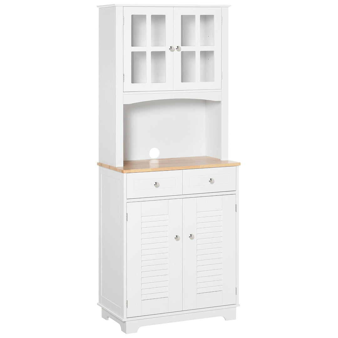 HOMCOM Modern Kitchen Cupboard, Louvered Kitchen Storage Cabinet with Framed Glass Doors and 2 Drawers, White