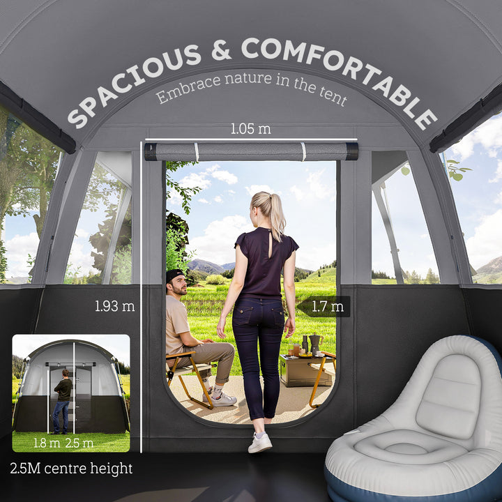 8-Person Camping Tent, Waterproof Family Tent, Tunnel Design, 4 Large Windows, Sleeping Cabins 3000mm Water Column Grey