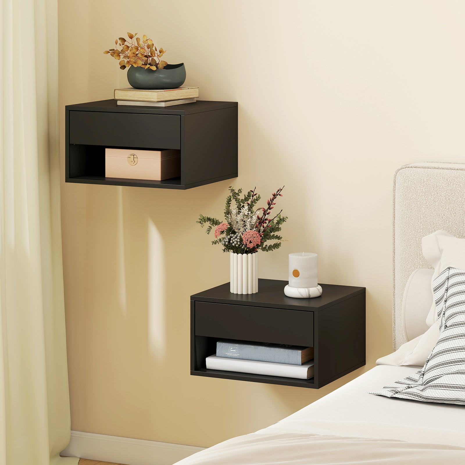 Floating Bedside Tables Set of 2, Wall Mounted Nightstand, Black
