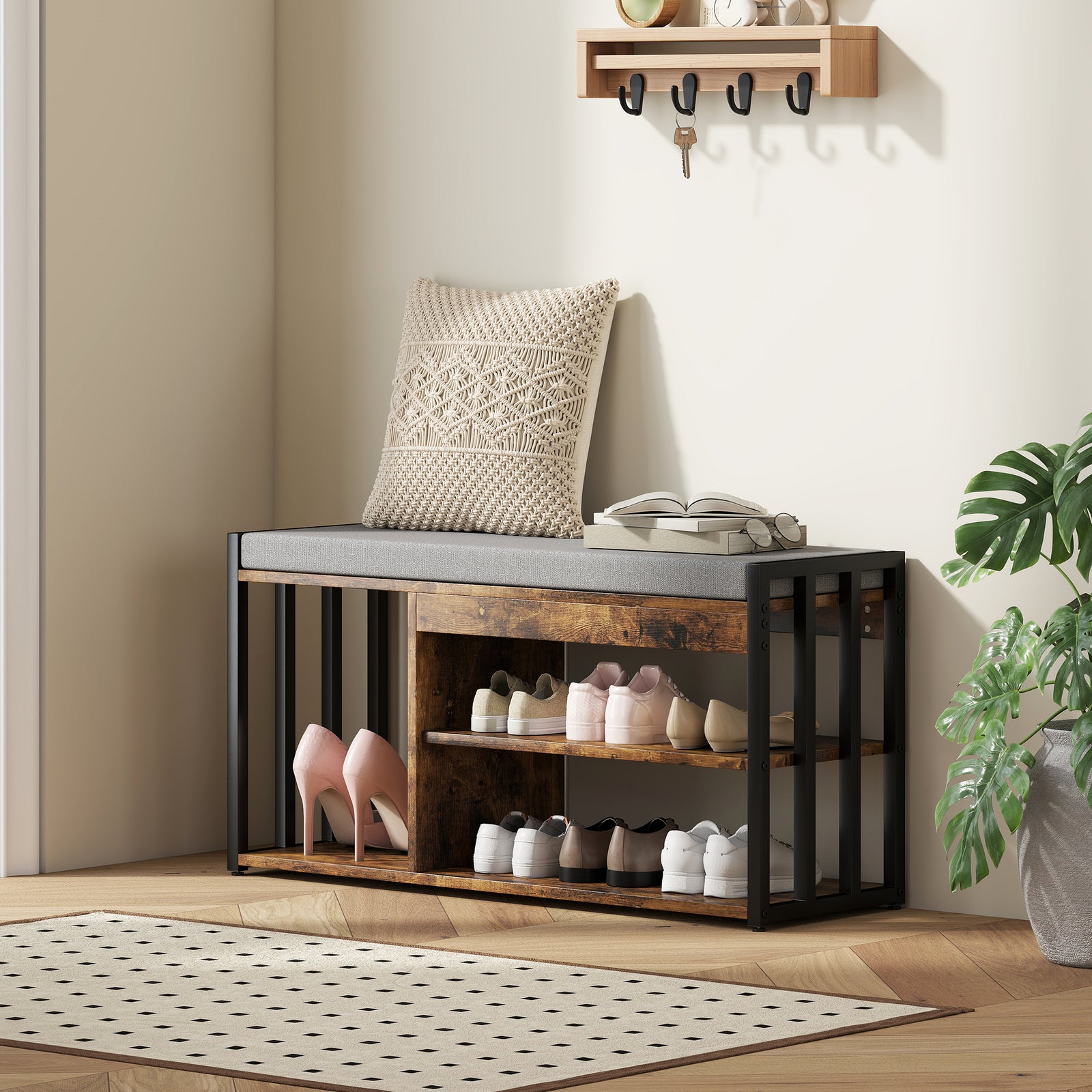 Shoe Storage with Seat, Upholstered Entryway Bench, Shoe Bench with 3 