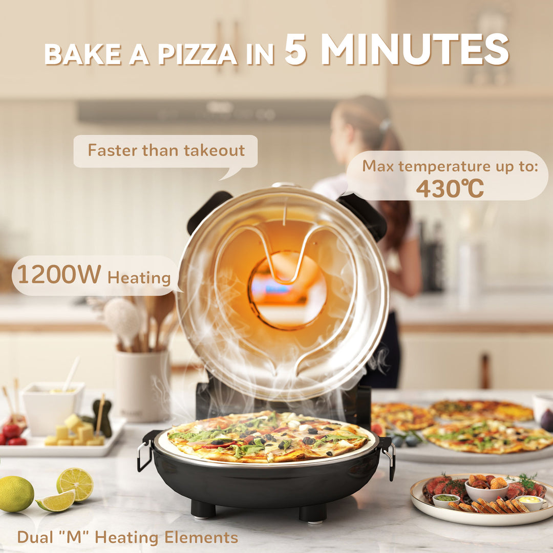 1200W Pizza Oven, 12 Inch Electric Pizza Maker with Viewing Window, Dual Knob Temp & Timer Control, Overheat Protection, Black