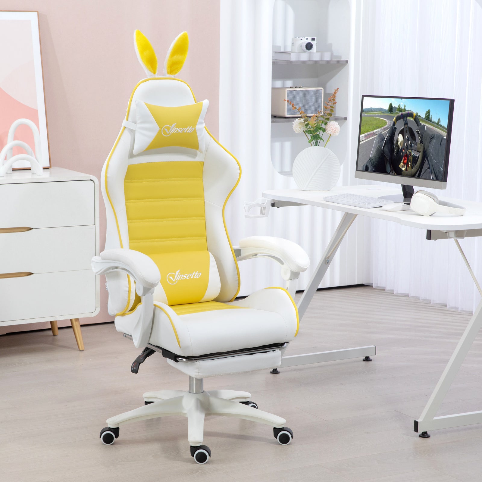 Reclining Racing Gaming Chair with Headrest and Lumber Support, PU Leather Computer Chair with Removable Rabbit Ears, Footrest, Yellow