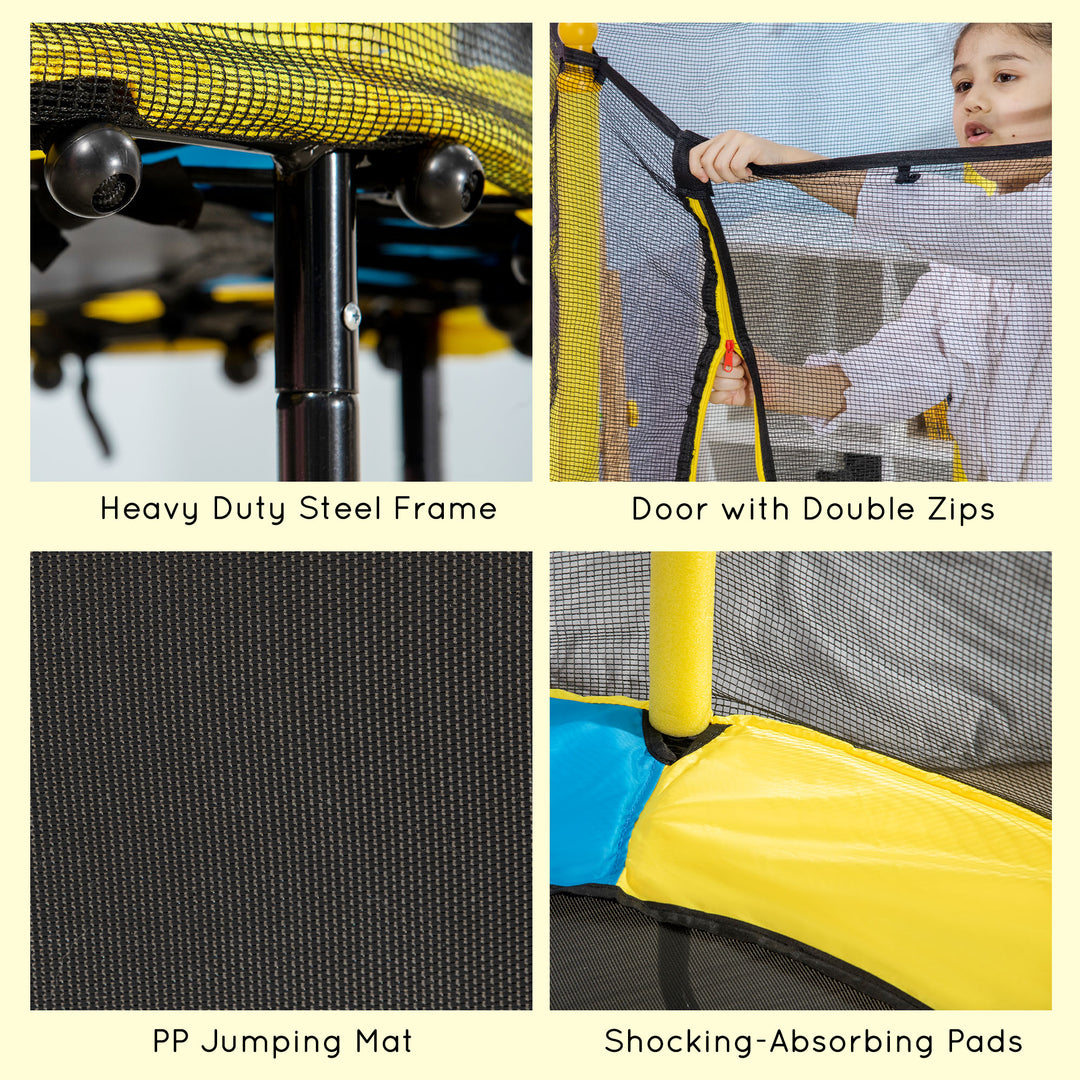 HOMCOM 4.6FT / 55 Inch Kids Trampoline with Enclosure Safety Net Pads Indoor Trampolines for Child 3-10 Years Old, Yellow | Aosom UK