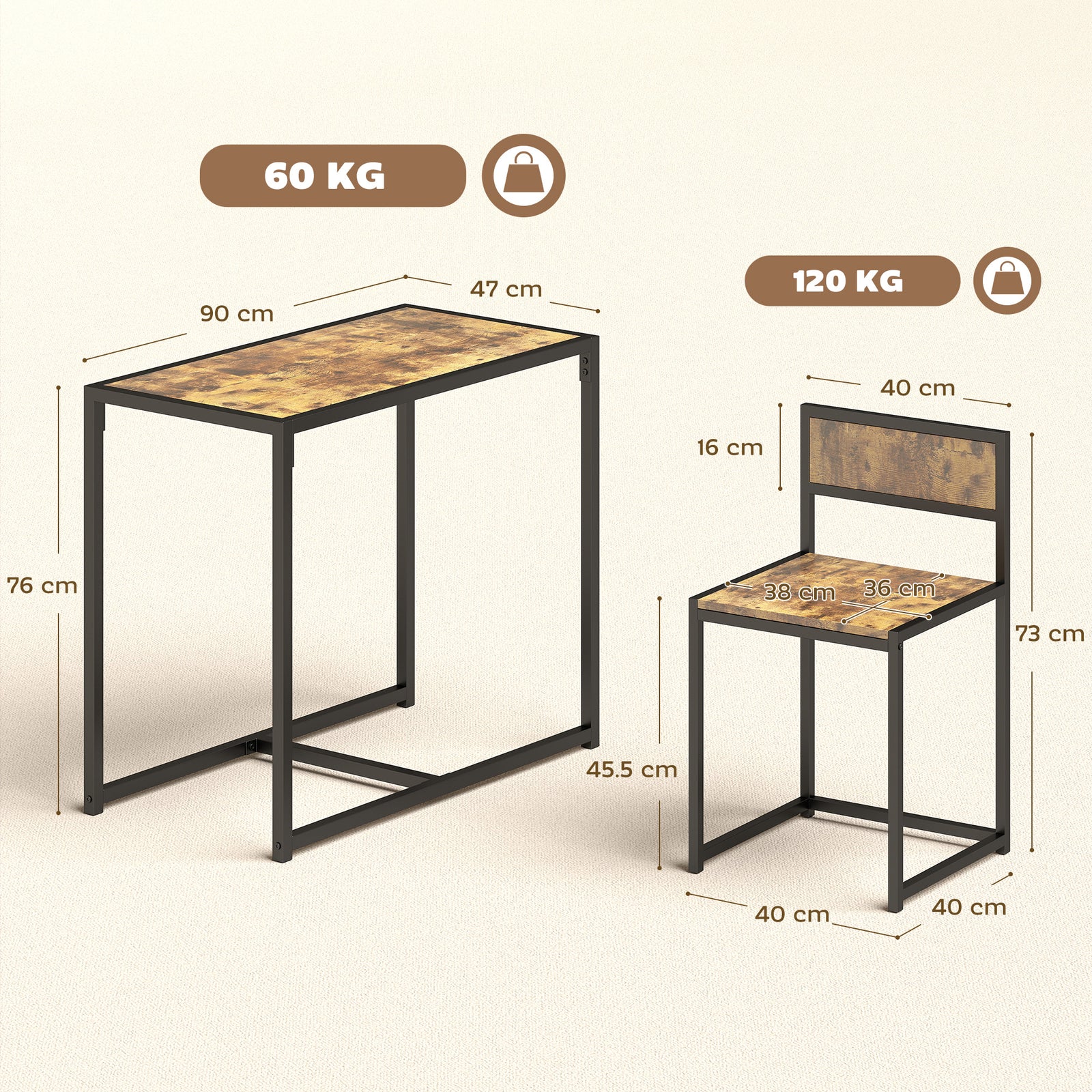 3 Piece Table Stool Set - Rustic Brown