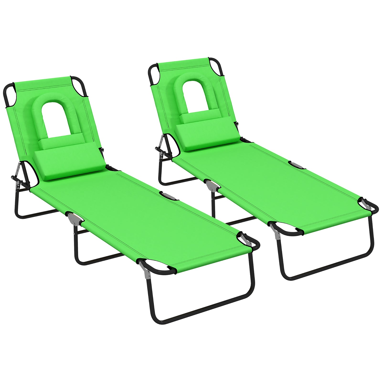 Outdoor Folding Sun Lounger Set of 2 with Face Hole, 4 Level Adjustable Backrest Reclining Garden Lounger, Garden Recliner Sunbed with 600 D Oxford Cloth Seat and Pillow for Beach, Green