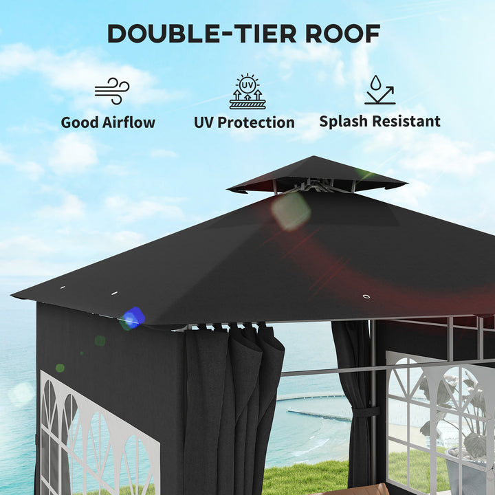 3 x 3 m Garden Gazebo, Double Roof Metal Gazebo with Removable Sidewalls and Church Windows, Outdoor Canopy Shelter, Black