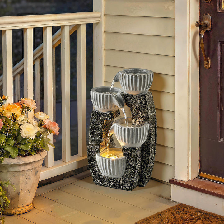 4-Tier Bowl Water Feature, Indoor Outdoor Garden Water Fountain with P