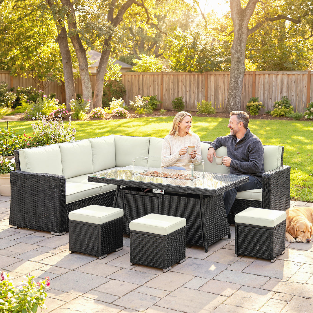 7 Pieces PE Rattan Garden Furniture Set, 50,000 BTU Gas Fire Pit Table