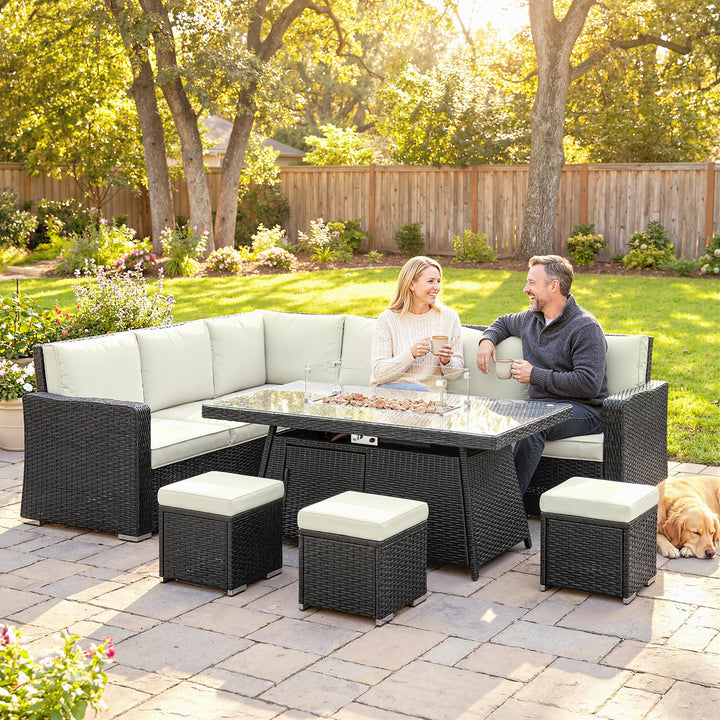 7 Pieces PE Rattan Garden Furniture Set, 50,000 BTU Gas Fire Pit Table