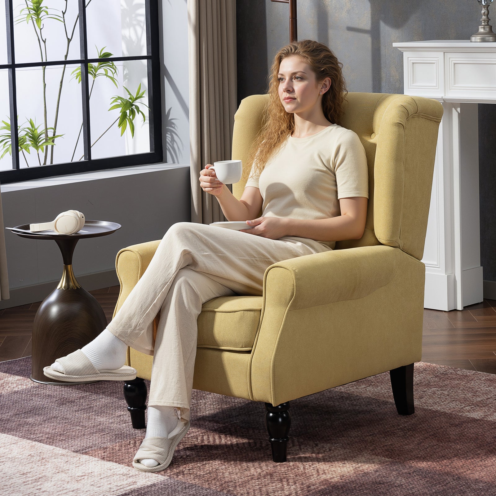 HOMCOM Wingback Accent Chair, Retro Upholstered Button Tufted Occasional Chair for Living Room and Bedroom, Yellow