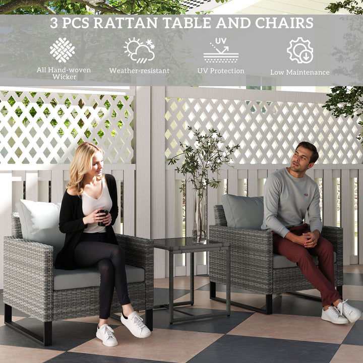 3 Pieces Rattan Bistro Set with 4 Cushions, Wicker Garden Furniture Set, Glass Top Coffee Table and Chairs for Outdoor Patio, Balcony, Terrace and Conservatory, Grey