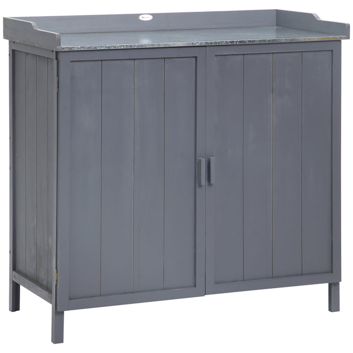 Outsunny Wooden Garden Storage Shed Tool Cabinet Organiser w/ Potting Bench Table, Two Shelves, 98 x 48 x 95.5 cm, Grey | Aosom UK