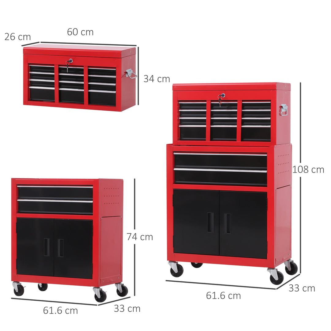 Tool Chest, Metal Tool Cabinet on Wheels with 6 Drawers, Pegboard, Top Chest and Roller Cabinet Combo, 61.6 x 33 x 108cm, Red and Black